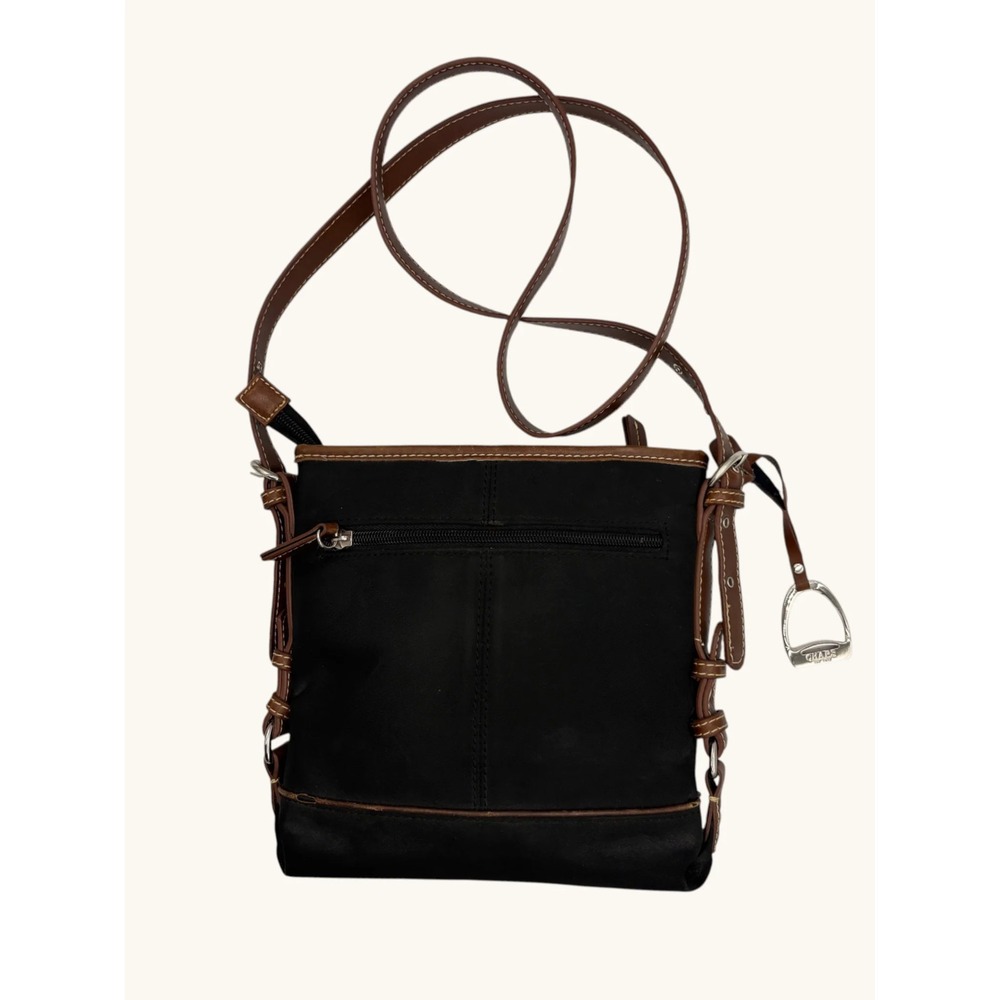 Chaps Womens Crossbody Bag Black Canvas Brown Trim Equestrian Stirrup Charm